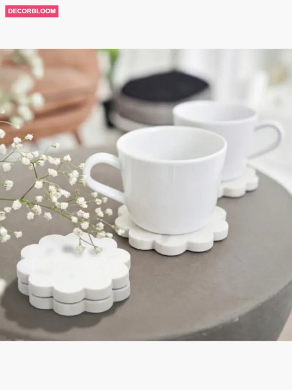 6 Piece Natural Marble Coaster Set - Scalloped Square Stone Drink Coasters